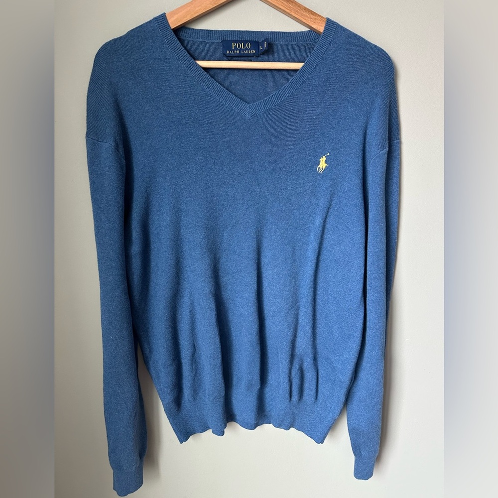 Polo Ralph Lauren Pima Cotton V-Neck Sweater Men's Size L Blue Yellow Pony - Picture 2 of 8